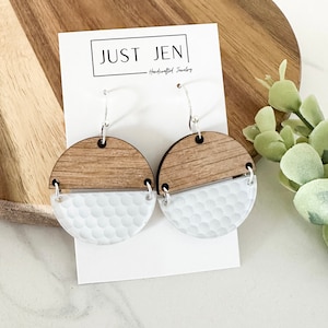 Golf Ball Pattern Earrings // White Oak Wood Earrings // Acrylic // Statement Earrings // Circle Hinged Earrings // Gift for Golf Lover
