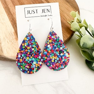 Purple Glitter Confetti Dots Earrings // Patterned Acrylic // Teardrop // Statement Earrings // Gift for Her // Colorful Jewelry