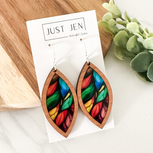 Mosaic Leaves Stained Glass Earrings // Cherry Wood // Colorful Statement Earrings // Petal Shape// Patterned Acrylic // Gift for Her
