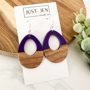 Purple Resin & Wood Teardrop Earrings // Statement Earrings // Gift for Her // Vacation Earrings // Birthday Gift // Minimalist