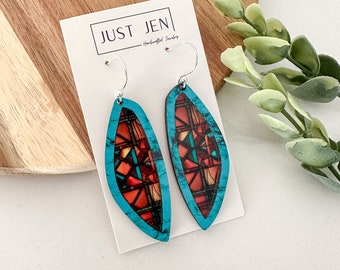 Southwestern Turquoise Stained Glass Earrings // Mosaic // Colorful Statement Earrings // Patterned Acrylic // Gift for Her