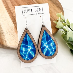 Blue Abstract Earrings // Beachy Earrings // Teardrop Shape // Walnut Wood // Vacation // Statement Earrings // Gift for Her // Summer