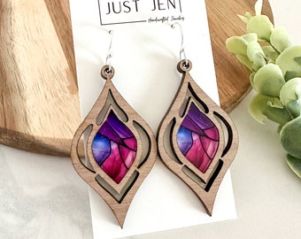 Boho Stained Glass Earrings // Pink, Purple & Blue // Walnut Wood // Colorful Statement Earrings // Patterned Acrylic // Gift for Her