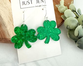 Shamrock Green Glitter Confetti Earrings // St. Patrick’s Day // Irish Clover // Acrylic Earrings // Gift for Her