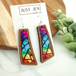 Shattered Rainbow Tie Dye Earrings // Flare Shape // Sapele Wood // Patterned Rainbow Wood // Colorful Statement Earrings