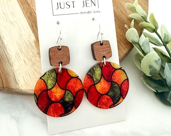 Fall Stained Glass Mosaic Earrings // Orange, Red & Yellow // Circle // Sapele Wood // Statement Earrings // Autumn Jewelry