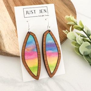 Pastel Abstract Watercolor Earrings // Cherry Wood // Rainbow // Organic Shape Earrings // Boho // Spring Easter // Statement Earrings