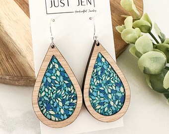 Beach Confetti Glitter Earrings // Teardrop // White Oak Wood // Colorful Earrings // Vacation // Patterned Acrylic // Mother’s Day Gift