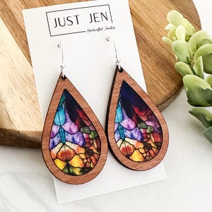 Mosaic Stained Glass Earrings // Teardrop // Mahogany Wood // Bright Colorful Statement Earrings // Patterned Acrylic // Gift for Her