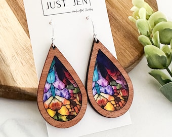 Mosaic Stained Glass Earrings // Teardrop // Mahogany Wood // Bright Colorful Statement Earrings // Patterned Acrylic // Gift for Her