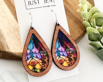 Mosaic Stained Glass Earrings // Teardrop // Mahogany Wood // Bright Colorful Statement Earrings // Patterned Acrylic // Gift for Her