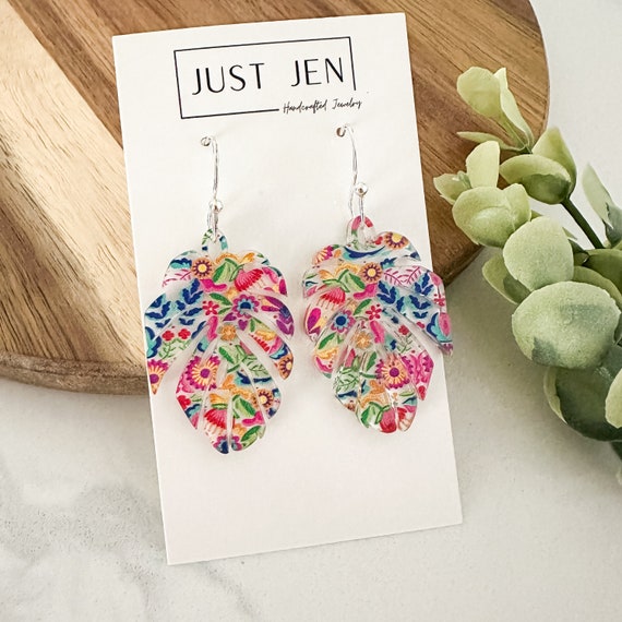 Mexican Floral Earrings // Monstera Leaf // Transparent Acrylic // Colorful Statement Earrings // Mother’s Day Gift