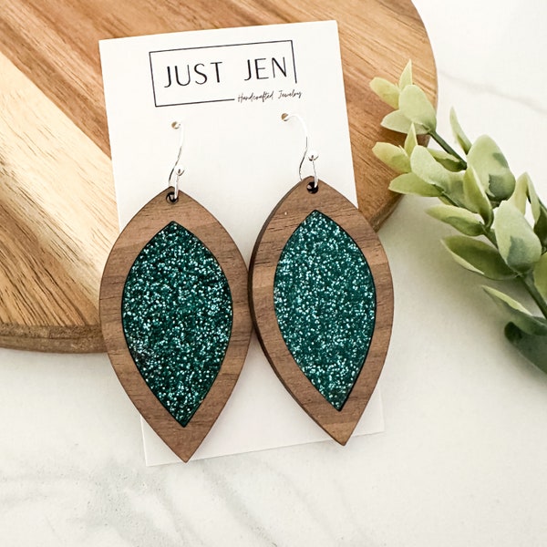 Teal Glitter Earrings // Walnut Wood // Petal Shape // Sparkly Statement Earrings // Gift for Her // Mother’s Day Gift