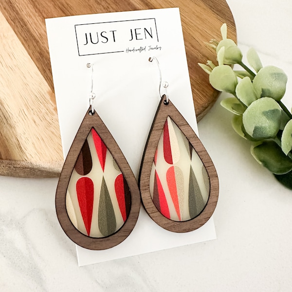 Mid Century Modern Teardrop Earrings // Walnut Wood // Neutral Earrings // Patterned Acrylic // Gift for Her // Boho // Retro