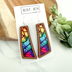 Shattered Rainbow Tie Dye Earrings // Flare Shape // Sapele Wood // Patterned Rainbow Wood // Colorful Statement Earrings