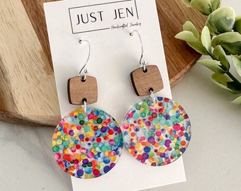 Rainbow Dots Earrings // Walnut Wood // Colorful Statement Earrings // Confetti Circle Earrings // Gift for Her