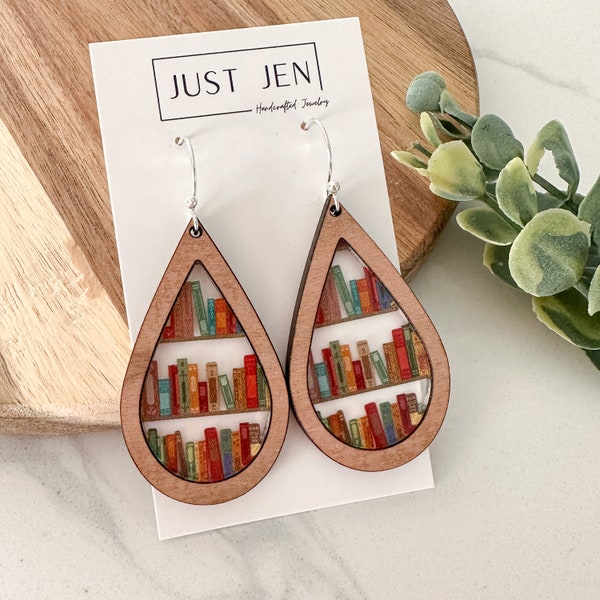 Book Lovers Earrings // Teacher Earrings // Teardrop // Cherry Wood // Statement Earrings // Gift for Librarian // Book Club