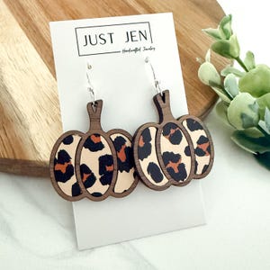 Pumpkin Leopard Earrings // Halloween // Fall Autumn // Walnut Wood // Gift for Her