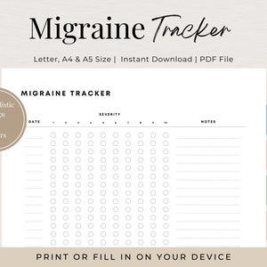 May include: Printable migraine tracker with a minimalist design. The tracker has a column for date, severity level, and notes. The severity level is rated from 1 to 10. The tracker is available in four colors.