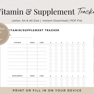 Supplement and Vitamin Tracker Printable, Supplement List, Daily Vitamin Log, Vitamin Chart, Supplement Log, Health Tracker, Vitamin Intake