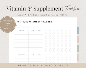 Supplement and Vitamin Tracker Printable, Supplement List, Daily Vitamin Log, Vitamin Chart, Supplement Log, Health Tracker, Vitamin Intake
