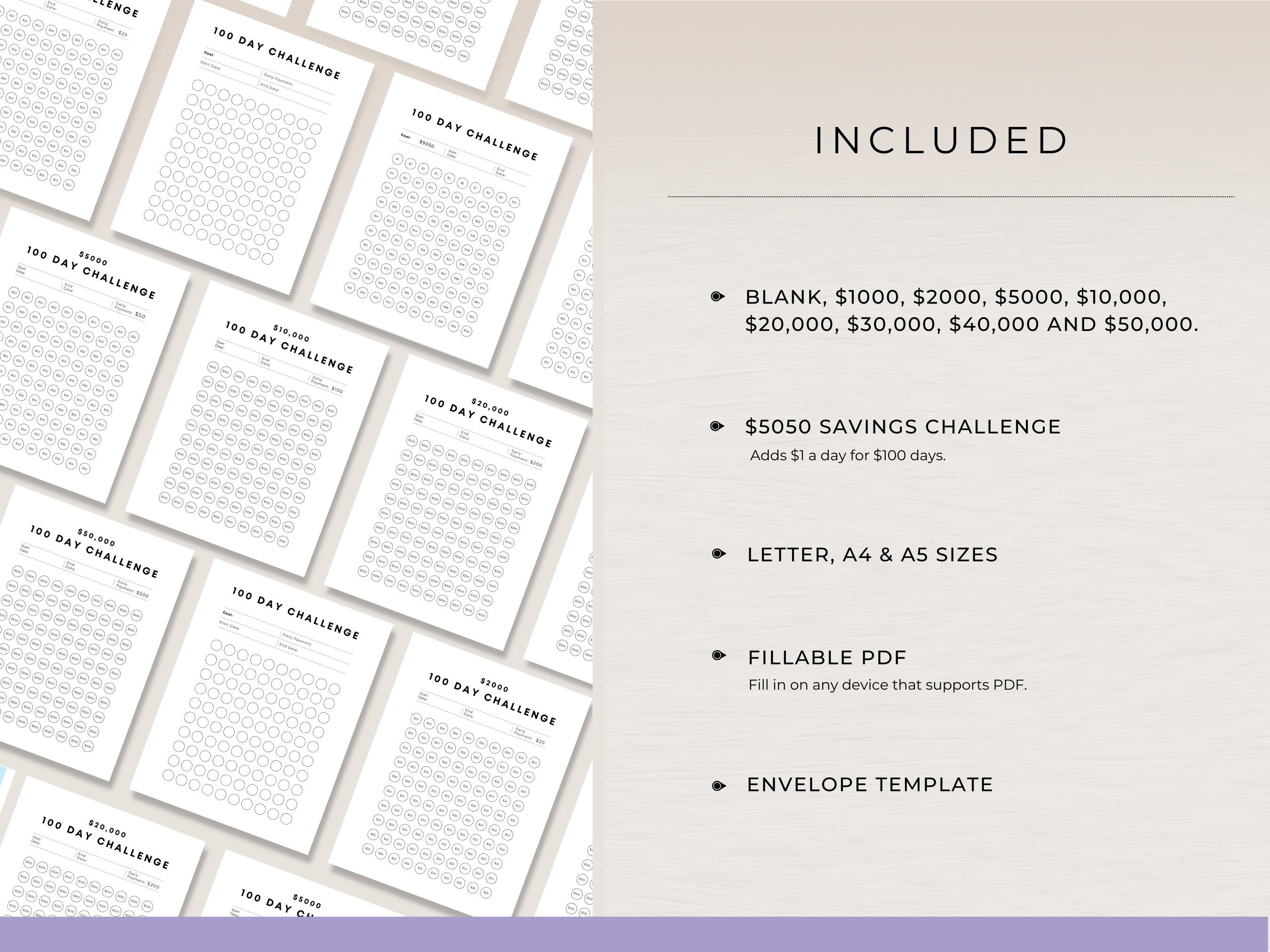100 Day Savings Challenge Printable, 50k Saving Challenge, 20k in 100 ...