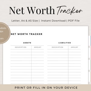 Net Worth Tracker Printable, Print at Home Budget, Budget Planner, Early Retirement, Wealth Tracking, Investment Builder, Networth Tracker