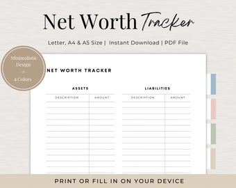 Net Worth Tracker Printable, Print at Home Budget, Budget Planner, Early Retirement, Wealth Tracking, Investment Builder, Networth Tracker