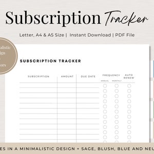 Subscription Tracker Printable, Subscriptions Tracker, Spending Log, Printable, Monthly Subscription Log, Expense Tracker, Payment Tracker,