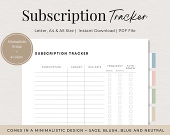 Subscription Tracker Printable, Subscriptions Tracker, Spending Log, Printable, Monthly Subscription Log, Expense Tracker, Payment Tracker,