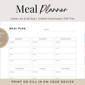 Weekly Meal Planner Printable with Grocery List, Meal Prep Template, Family Meal Planner, A5 Meal Planner, Grocery List Printable, Planner
