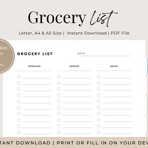 Lebensmittel Einkaufsliste druckbare Vorlage, Lebensmittel Einkaufsliste Vorlage, Sofort Download PDF, Letter A4 & A5, Essensplanung, Lebensmittel Checkliste