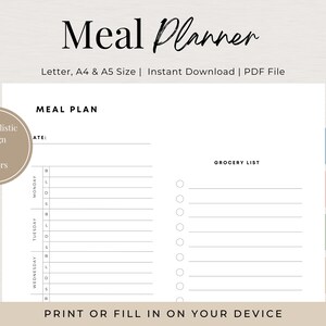 Weekly Meal Planner Printable with Grocery List, menu Plan and Prep, Family Meal Planner, A5 Meal Planner, Grocery List Printable, Planner