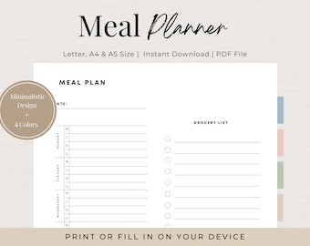 Weekly Meal Planner Printable with Grocery List, menu Plan and Prep, Family Meal Planner, A5 Meal Planner, Grocery List Printable, Planner