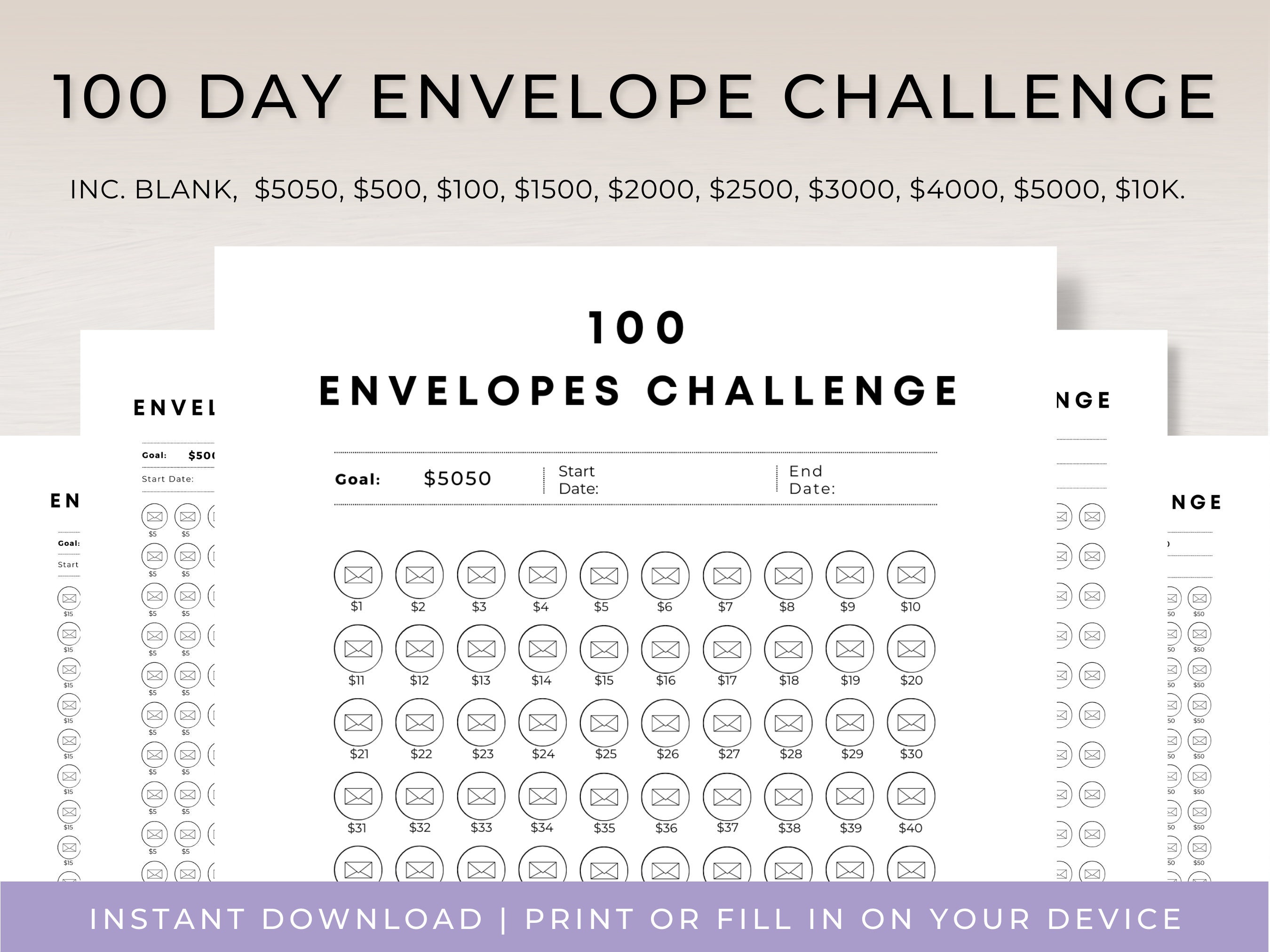 100 Day Envelope Challenge Printable, Saving Challenge, 10k in 100 Days ...