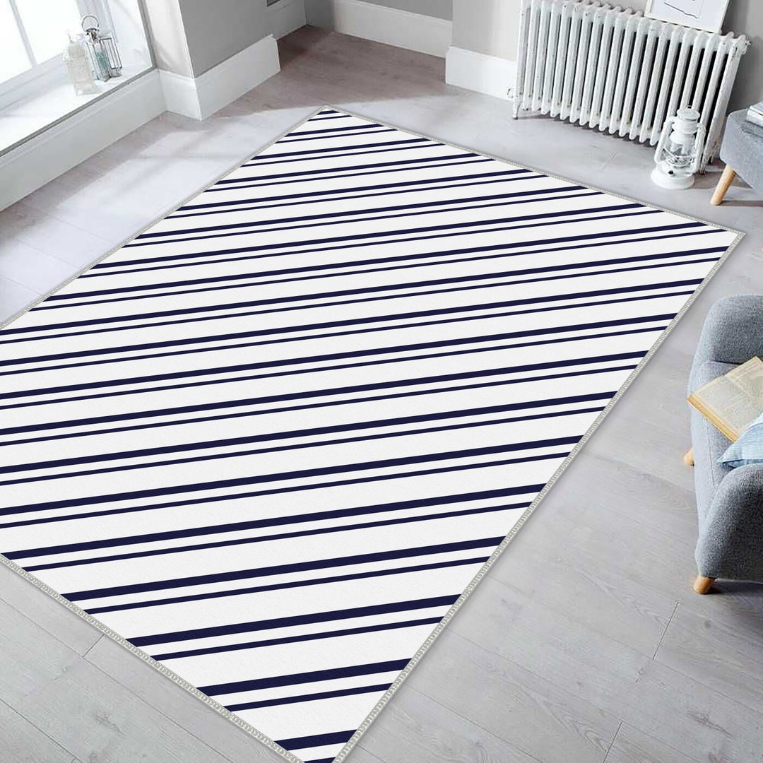 Striped Patterned Rug, Navy Blue Striped Carpet, Carpet for Living Room