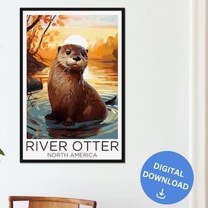 May include: A digital illustration of a river otter in a body of water. The otter is brown and has a white chest. The background is a sunset scene with trees and a sun.
