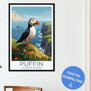 Puffin Animal Descarga digital Arte de la pared Bird Island Poster Decoración del hogar Amante de los animales Decoración de la pared Naturaleza Océano Atlántico Impresión enmarcada