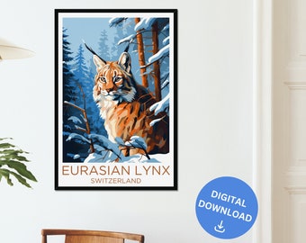 Ryś europejski Zwierzę Cyfrowe pobieranie Sztuka ścienna Kot Lasy Plakat Wystrój domu Miłośnik zwierząt Wystrój ścienny Natura Szwajcaria Opiekun zoo Oprawiony wydruk