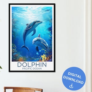 Delfín Animal Descarga digital Arte de la pared Pescado Océano Cartel Decoración del hogar Amante de los animales Decoración de la pared Naturaleza Océano Pacífico Cuidador del zoológico Impresión enmarcada