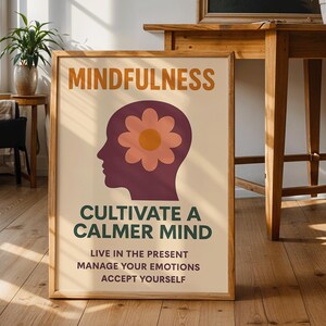 Mindfulness Poster mit Kopf und Blume – Motivierende Selbstfürsorge Kunst – Premium Poster, ohne Rahmen