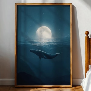 Whale Poster Night Ocean – Blue Whale Illustration, Marine Poster & Whale Print as Ocean Wall Art | Premium Poster, Unframed