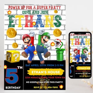 Convite de Aniversário Level Up! Mario Bros | Modelo Editável para Festa de Jogo no Canva