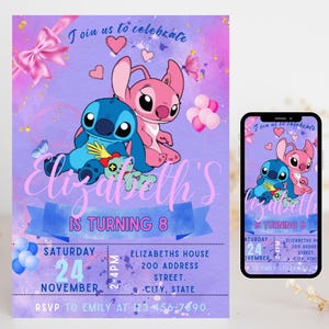 Convite de aniversário da Stitch Girl | Modelo editável do Canva | Download digital | Convite para festa luau havaiana
