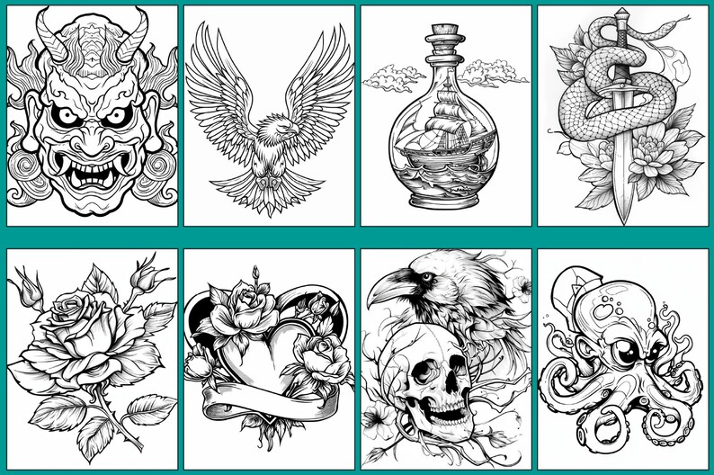 112 Adult Tattoo Coloring Pages - Etsy