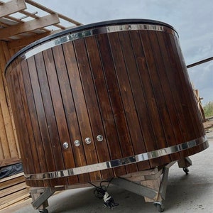 Wooden fiberglass hottub with wood stove. Jacuzzi with bubbles and LED rgb lighting. Outdoor garden spa for you image 1