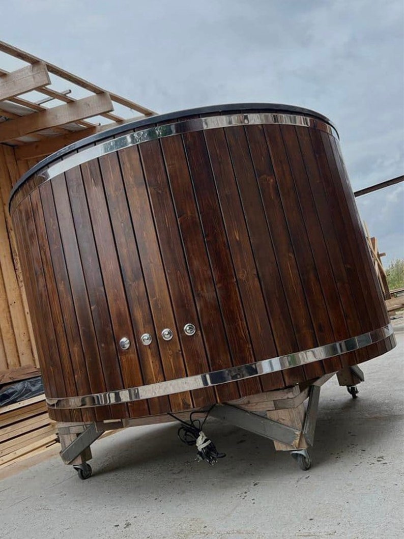 Wooden fiberglass hottub with wood stove. Jacuzzi with bubbles and LED rgb lighting. Outdoor garden spa for you image 1