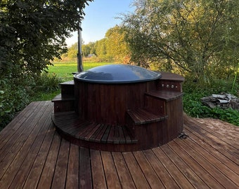 Fiberglass hot tub with wood stove, hydromassage and LED rgb lighting! Outdoor bath tub with bubbles. Gift for her!