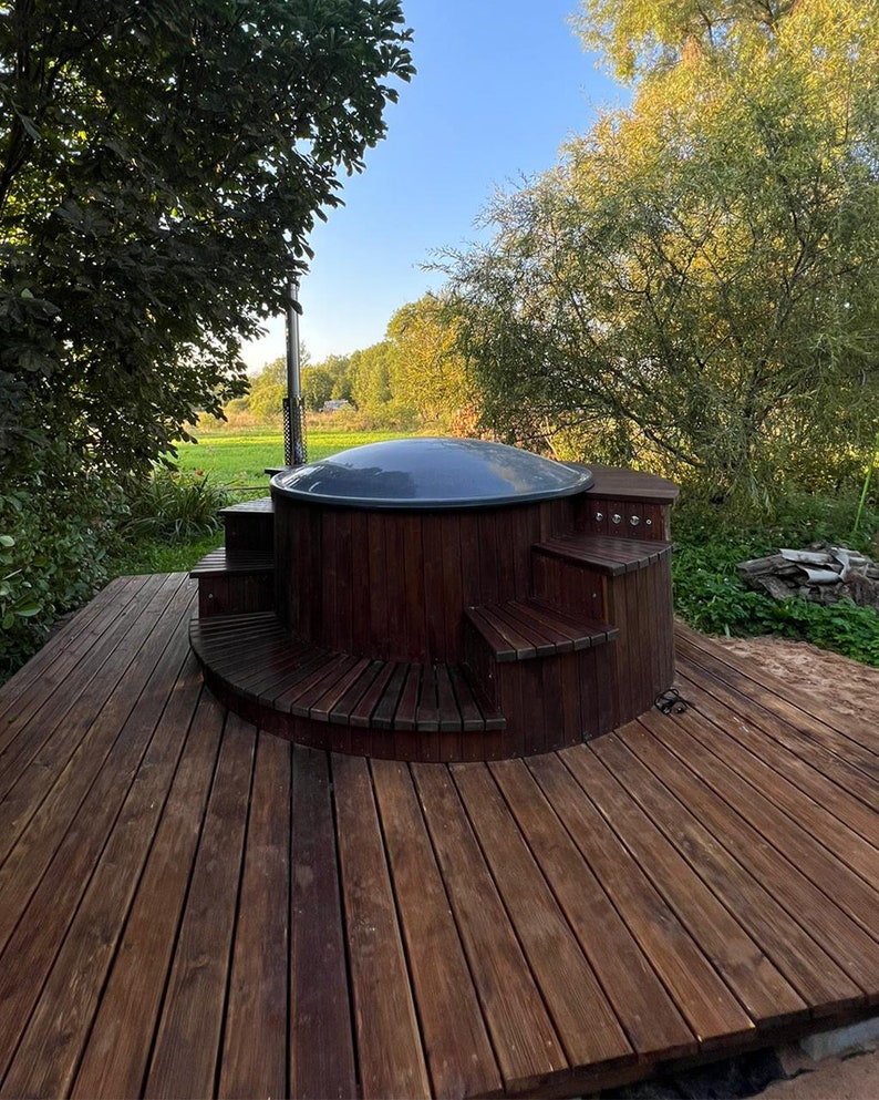 Fiberglass Hot Tub With Wood Stove, Hydromassage and LED Rgb Lighting
