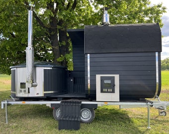 Bain à remous mobile et sauna, bain à remous en bois, bassin profond et sauna, sauna et bain à remous extérieurs, baignoire dans le jardin